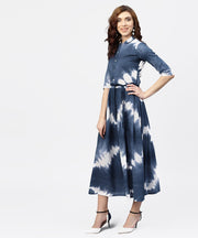 Navy blue 3/4th sleeve tie dye printed cotton A-line maxi dress with belt