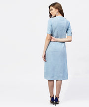 Blue printed 3/4th sleeve cotton A-line dress