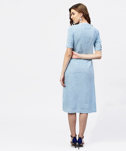 Blue printed 3/4th sleeve cotton A-line dress