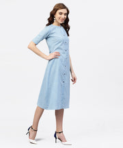 Blue printed 3/4th sleeve cotton A-line dress