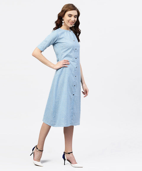 Blue printed 3/4th sleeve cotton A-line dress