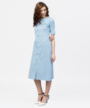 Blue printed 3/4th sleeve cotton A-line dress