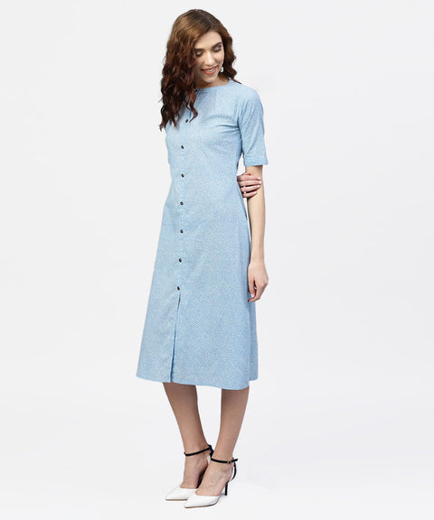 Blue printed 3/4th sleeve cotton A-line dress