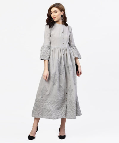 Off white block printed 3/4th sleeve maxi dress in handloom fabric