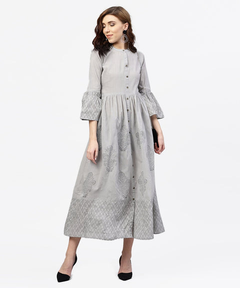 Off white block printed 3/4th sleeve maxi dress in handloom fabric