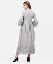 Off white block printed 3/4th sleeve maxi dress in handloom fabric