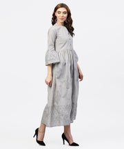 Off white block printed 3/4th sleeve maxi dress in handloom fabric