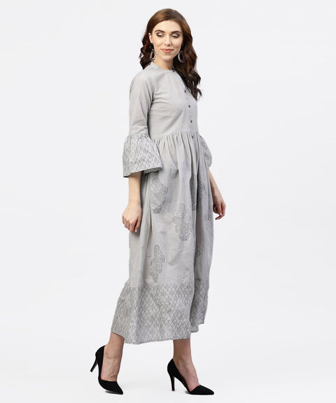 Off white block printed 3/4th sleeve maxi dress in handloom fabric