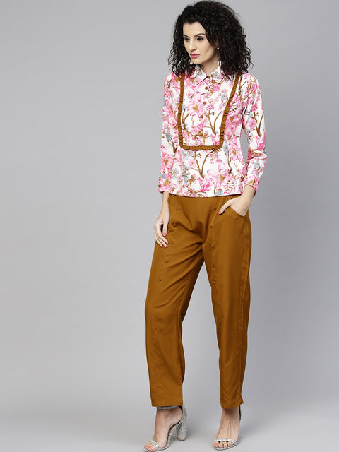 Women Pink & Mustard Yellow Printed Top with Trousers