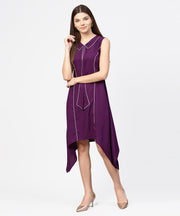 Purple sleeveless A-line dress with piping work