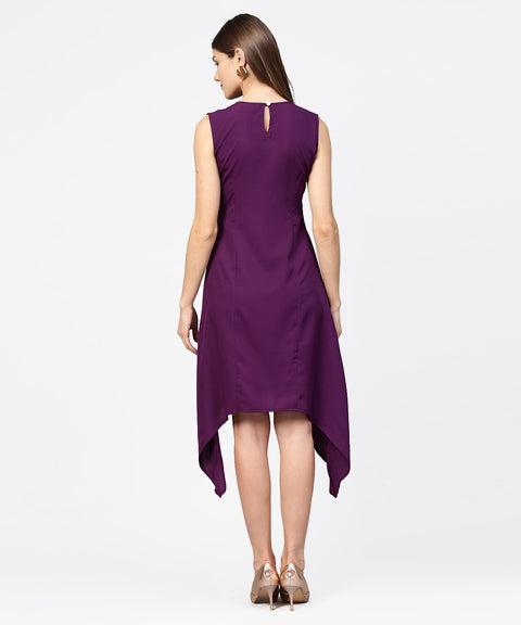 Purple sleeveless A-line dress with piping work