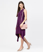 Purple sleeveless A-line dress with piping work