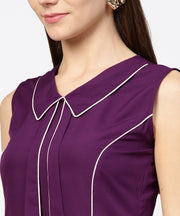 Purple sleeveless A-line dress with piping work