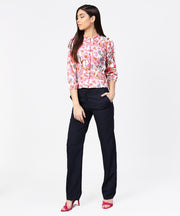 Pink flower print full sleeve crop tops