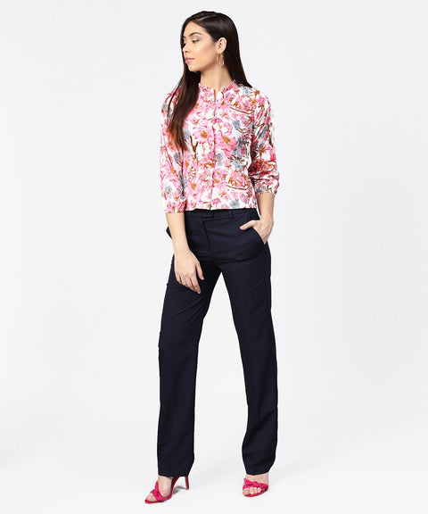 Pink flower print full sleeve crop tops