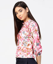Pink flower print full sleeve crop tops