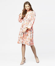 Peack flower print full sleeve A-line dress