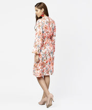 Peack flower print full sleeve A-line dress