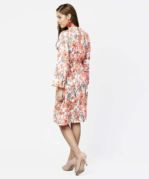 Peack flower print full sleeve A-line dress
