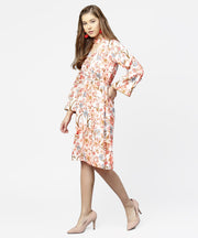 Peack flower print full sleeve A-line dress