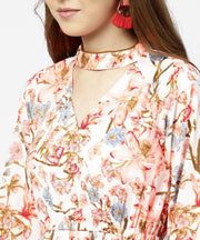 Peack flower print full sleeve A-line dress