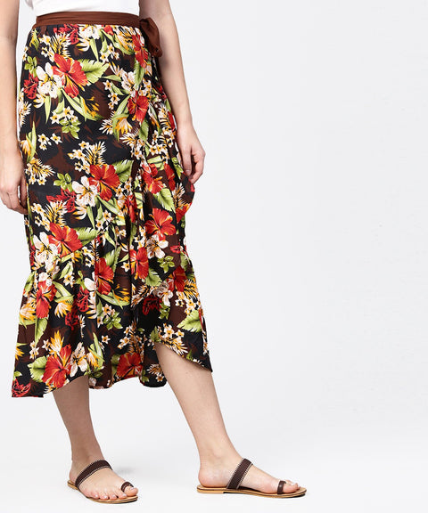 Multi flower printed calf length skirt