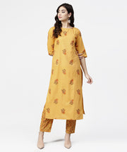 Yellow 3/4th sleeve cotton kurta with ankle length printed pallazo