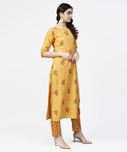 Yellow 3/4th sleeve cotton kurta with ankle length printed pallazo