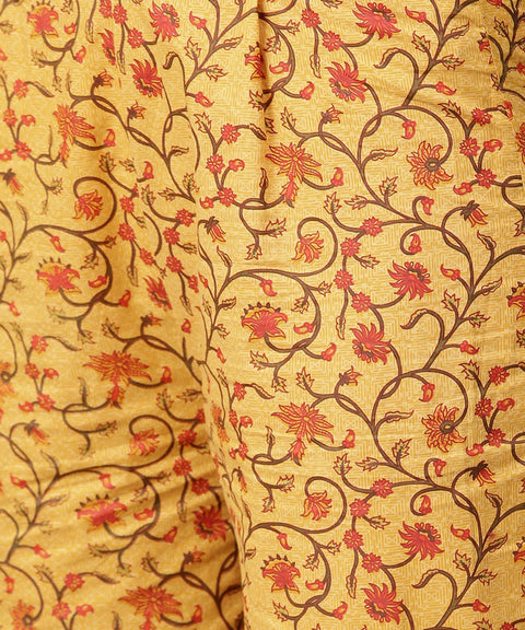 Yellow 3/4th sleeve cotton kurta with ankle length printed pallazo