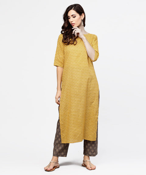 Yellow 3/4th sleeve cotton kurta with grey printed pallazo