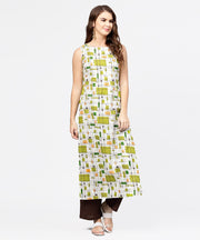 Off white & green printed sleeveless cotton kurta with coffee ankle length pallazo