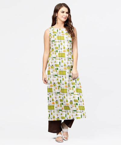 Off white & green printed sleeveless cotton kurta with coffee ankle length pallazo