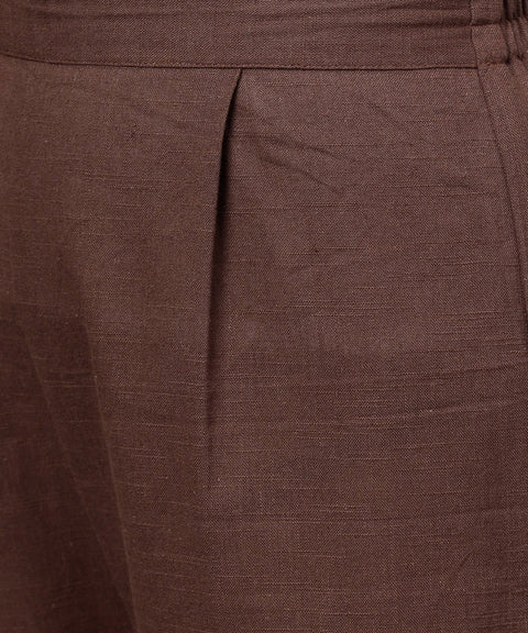 Off white & green printed sleeveless cotton kurta with coffee ankle length pallazo