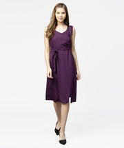 Purple sleeveless A-line dress with belt