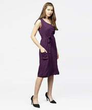 Purple sleeveless A-line dress with belt