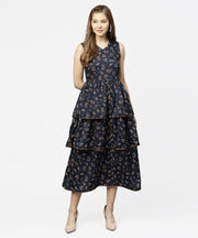 Blue sleeveless crepe printed multi layred maxi dress