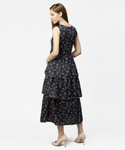 Blue sleeveless crepe printed multi layred maxi dress