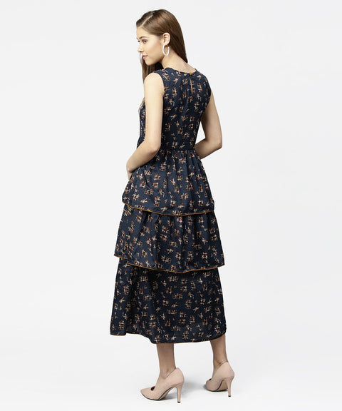 Blue sleeveless crepe printed multi layred maxi dress