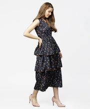 Blue sleeveless crepe printed multi layred maxi dress