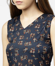 Blue sleeveless crepe printed multi layred maxi dress