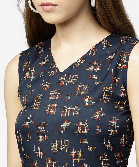 Blue sleeveless crepe printed multi layred maxi dress