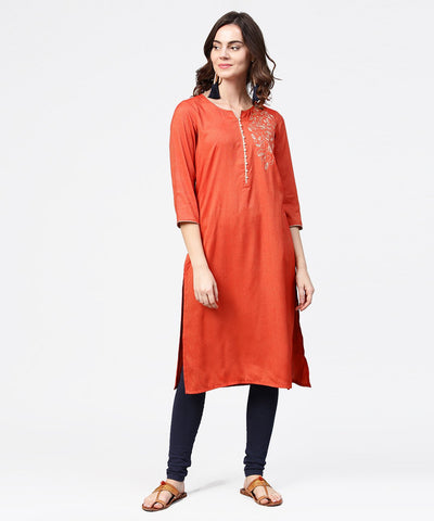 Peach embroidery 3/4th sleeve rayon kurta