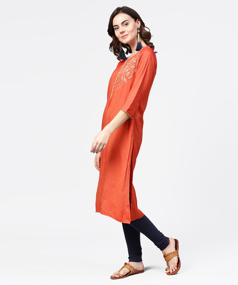 Peach embroidery 3/4th sleeve rayon kurta