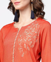 Peach embroidery 3/4th sleeve rayon kurta