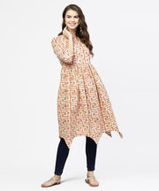 Peach printed 3/4th sleeve cotton anarkali kurta