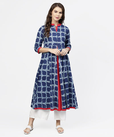 Blue printed 3/4th sleeve cotton anarkali kurta
