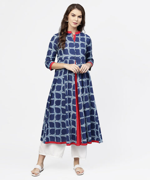 Blue printed 3/4th sleeve cotton anarkali kurta