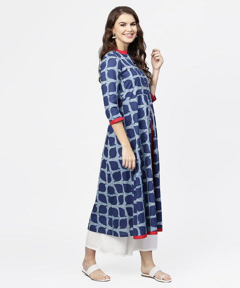 Blue printed 3/4th sleeve cotton anarkali kurta