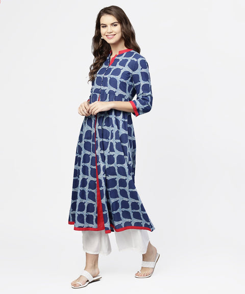 Blue printed 3/4th sleeve cotton anarkali kurta
