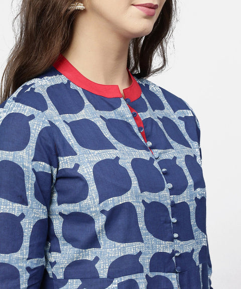 Blue printed 3/4th sleeve cotton anarkali kurta